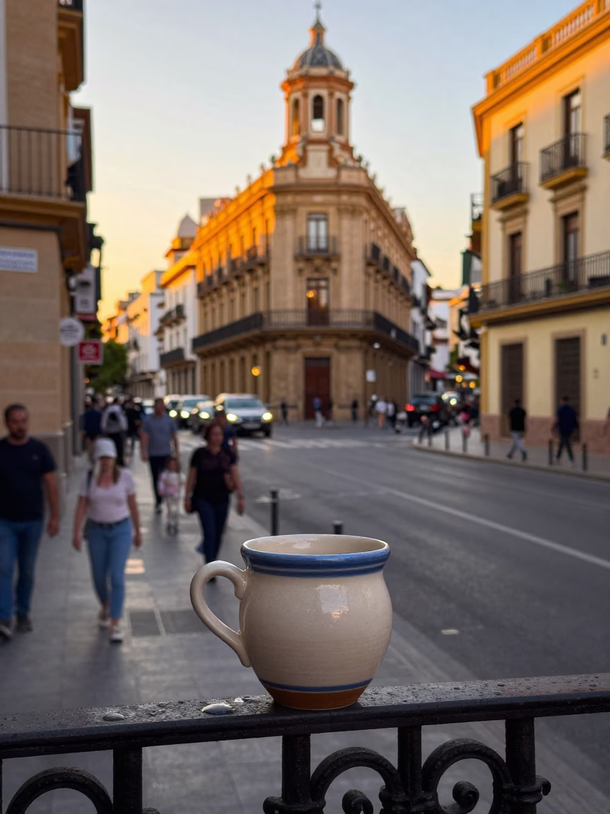 Busy Valencia Street Scene at Sunset with Ceramic Cup and Boxwood Hedge in in Valencia, Spain