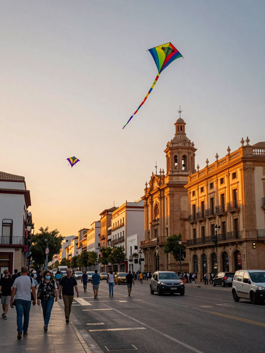 Busy Valencia Street Scene at Sunset with Colorful Kites and Local Activity in in Valencia, Spain