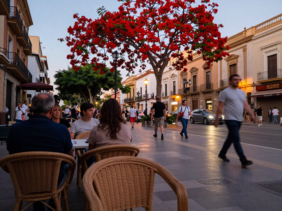 Busy Valencia Street Scene Early Evening with Rattan Chair and Flame Tree Bloom in in Valencia, Spain