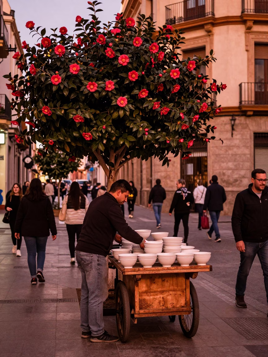 Busy Valencia Street Scene in Copper Light with Camellia and Porcelain Details in in Valencia, Spain