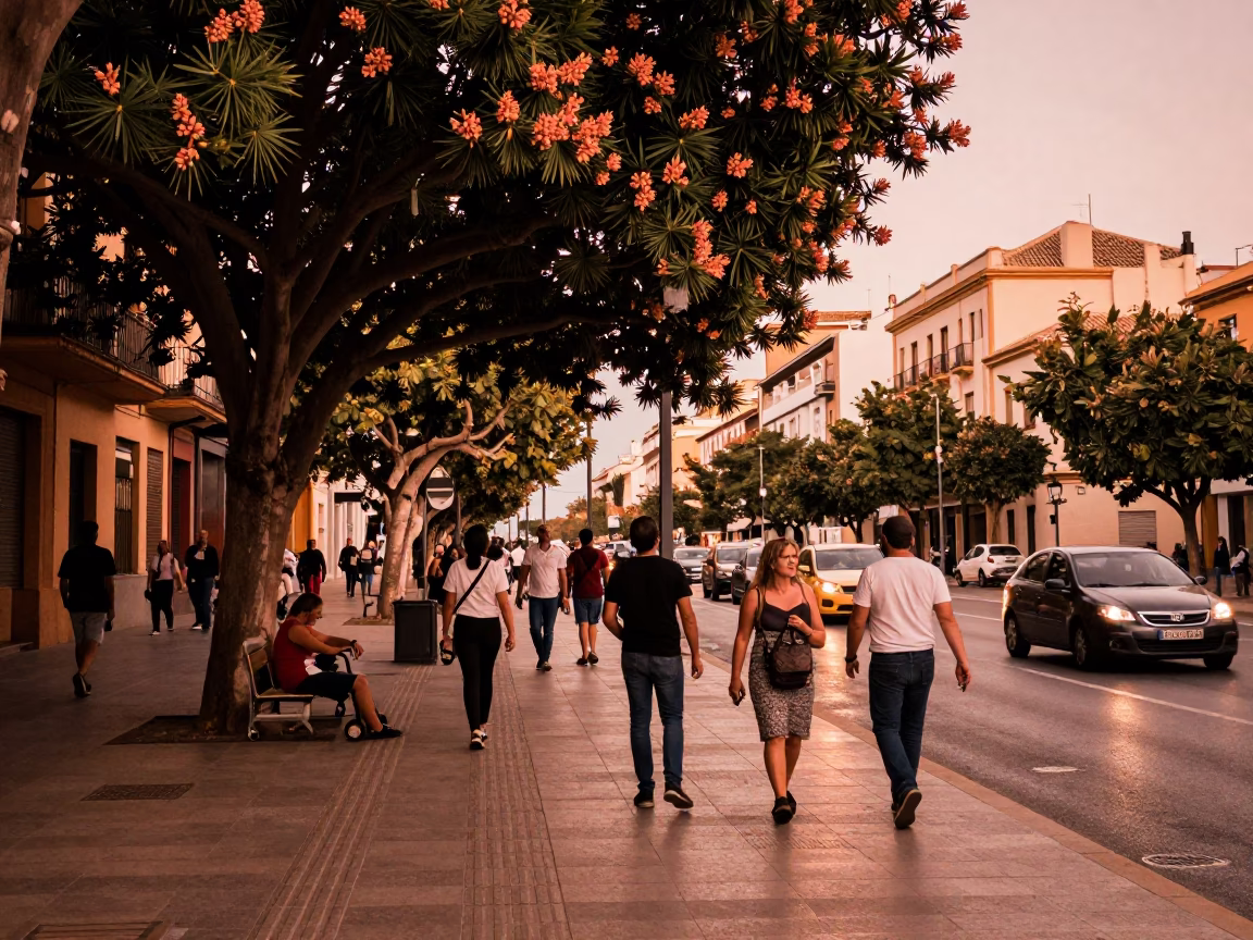 Busy Valencia Street Scene in Copper-Toned Light Before Dusk with Chestnut Tree in in Valencia, Spain