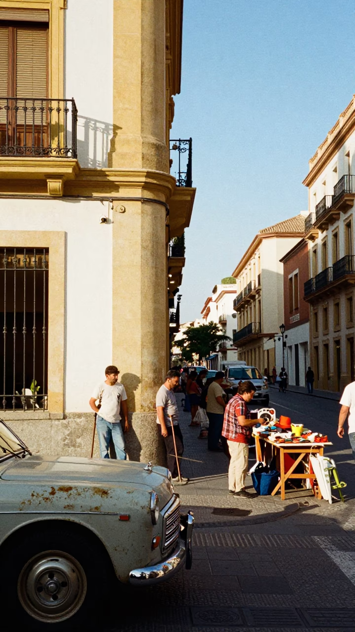 Busy Valencia Street Scene Late Afternoon Light with Vintage Car and Crowbar Repair in in Valencia, Spain
