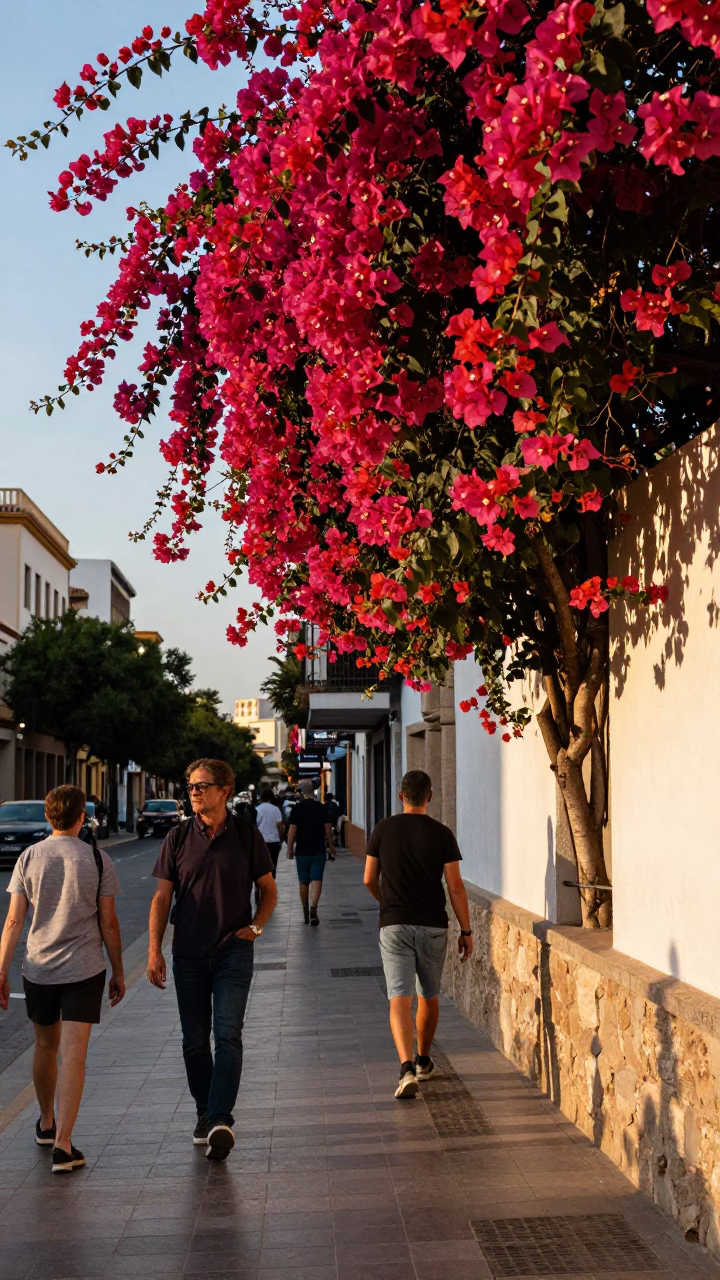 Busy Valencia Street Scene Late Afternoon with Bougainvillea and Vintage 1960s Charm in in Valencia, Spain