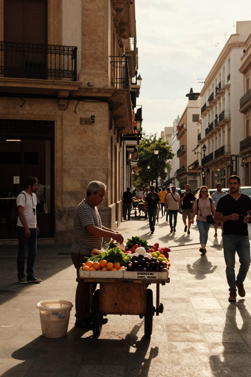 Busy Valencia Street Scene Late Afternoon with Spice Jar and Turnips in in Valencia, Spain