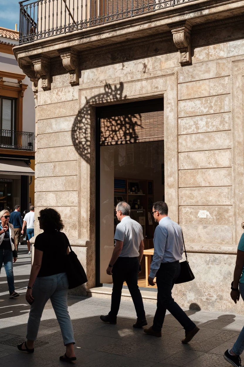 Busy Valencia Street Scene Midday with Wicker Shadow and Local Market Interaction in in Valencia, Spain