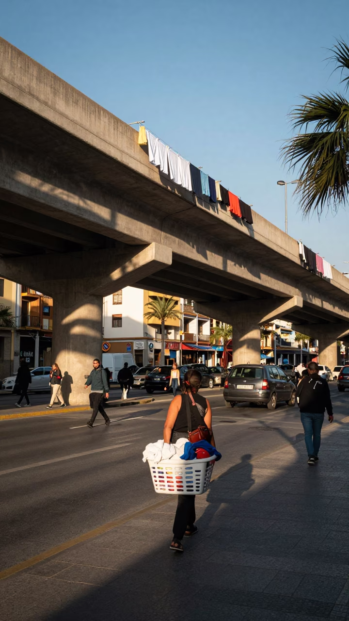 Busy Valencia Street Scene Under Concrete Flyover with Laundry and Water Tower in in Valencia, Spain