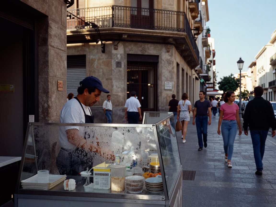 Busy Valencia Street Scene with Condensation on Glass and Fingerprints in Late Afternoon Light in in Valencia, Spain