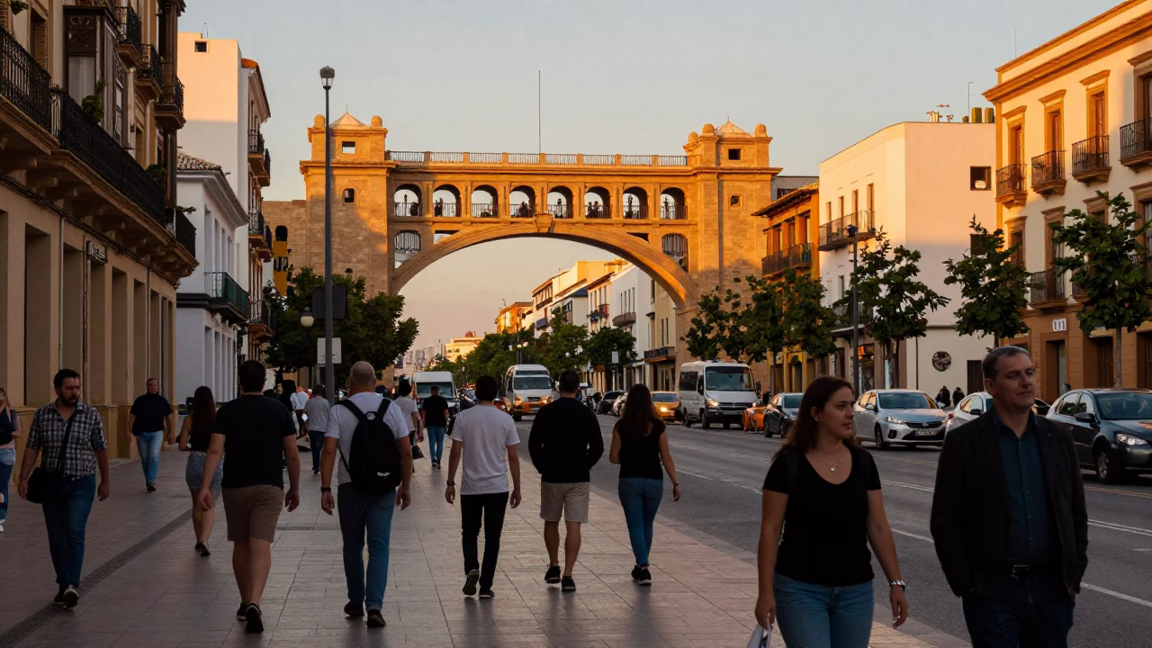 Busy Valencia Street Scene with Viaduct Arch and Ferny Stone in Honeyed Evening Light in in Valencia, Spain