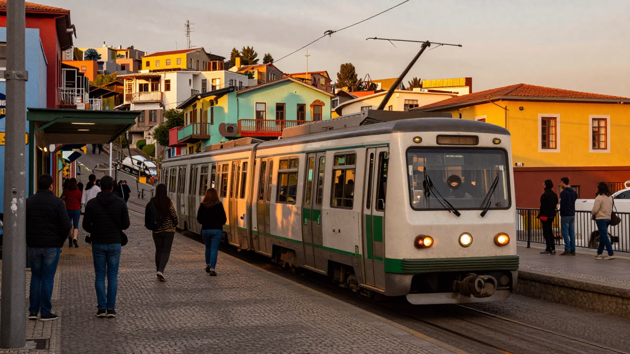 Busy Valparaiso Chile Evening Street Scene with Metro Train and Local Life in in Valparaiso, Chile