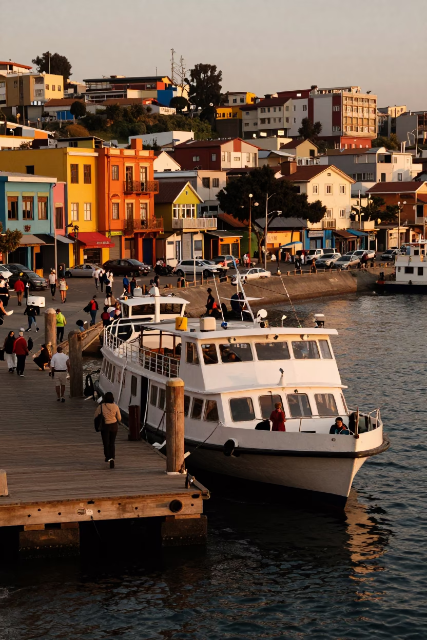 Busy Valparaiso Chile Evening Water Taxi Dock and Colorful Street Life Scene in in Valparaiso, Chile