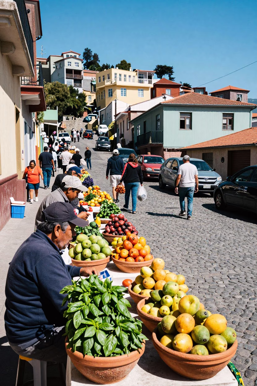 Busy Valparaiso Chile Midday Street Scene with Terracotta Bowls and Basil Leaves in in Valparaiso, Chile