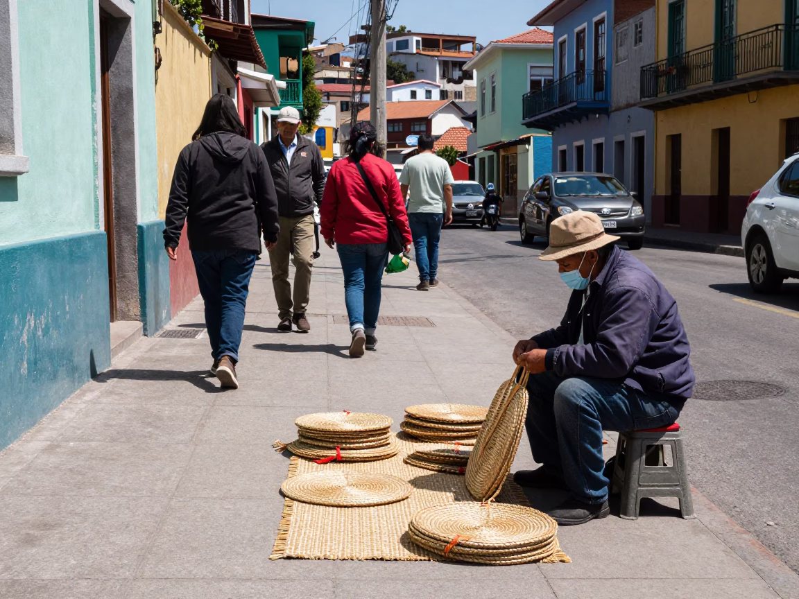 Busy Valparaiso Chile Midday Street Scene with Woven Mats and Local Life in in Valparaiso, Chile