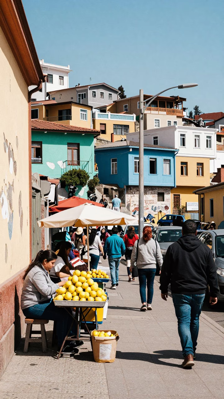 Busy Valparaiso Chile Midmorning Street Scene with Lemon Vendor and Colorful Hillside Architecture in in Valparaiso, Chile