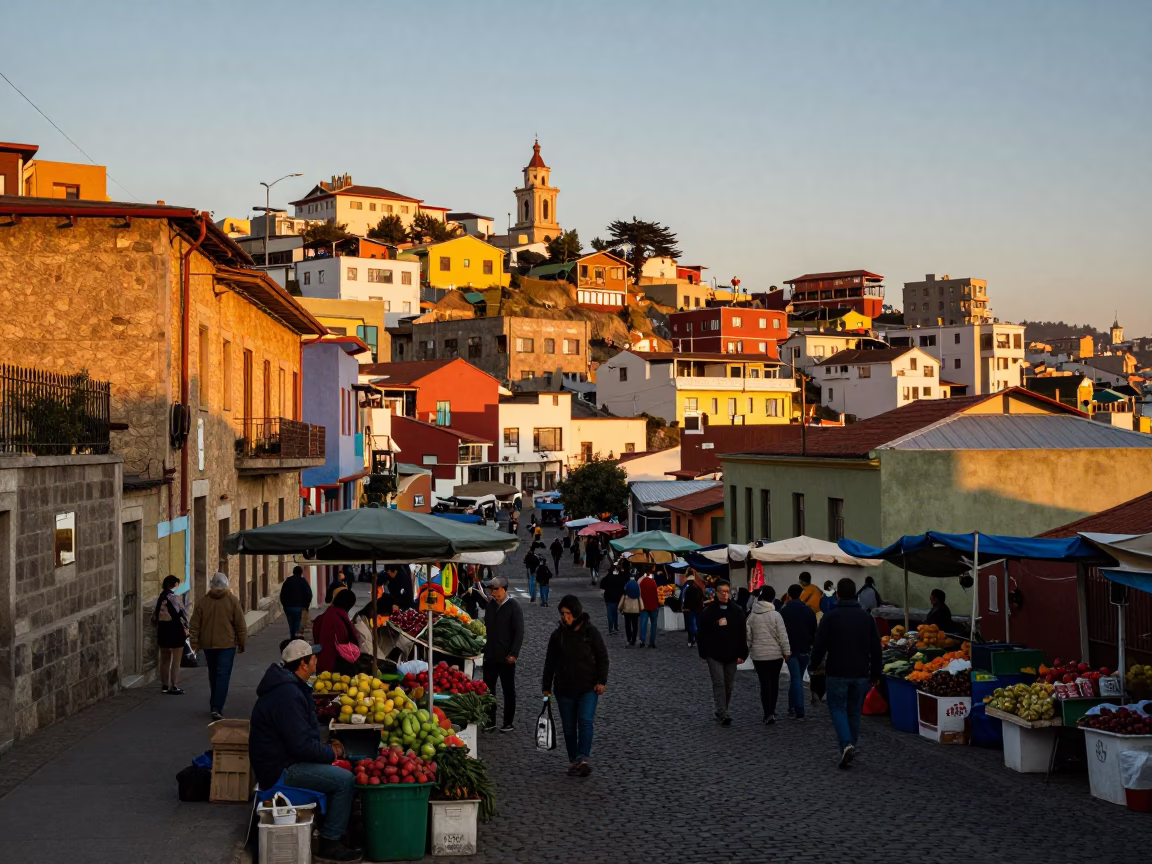 Busy Valparaiso Chile Street Scene at Golden Hour with Local Market Activity in in Valparaiso, Chile