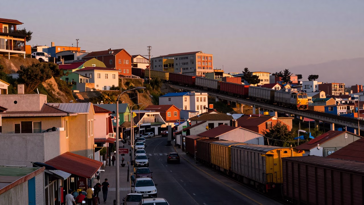 Busy Valparaiso Chile Street Scene at Nautical Dawn with Freight Train and Construction in in Valparaiso, Chile