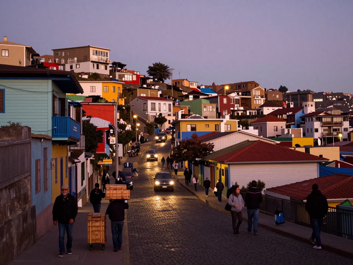 Busy Valparaiso Chile Street Scene at Nautical Dawn with Local Market Activity in in Valparaiso, Chile