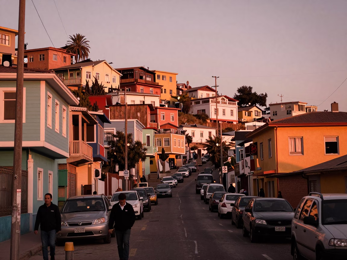 Busy Valparaiso Chile Street Scene Copper Toned Light Before Dusk with Local Life in in Valparaiso, Chile