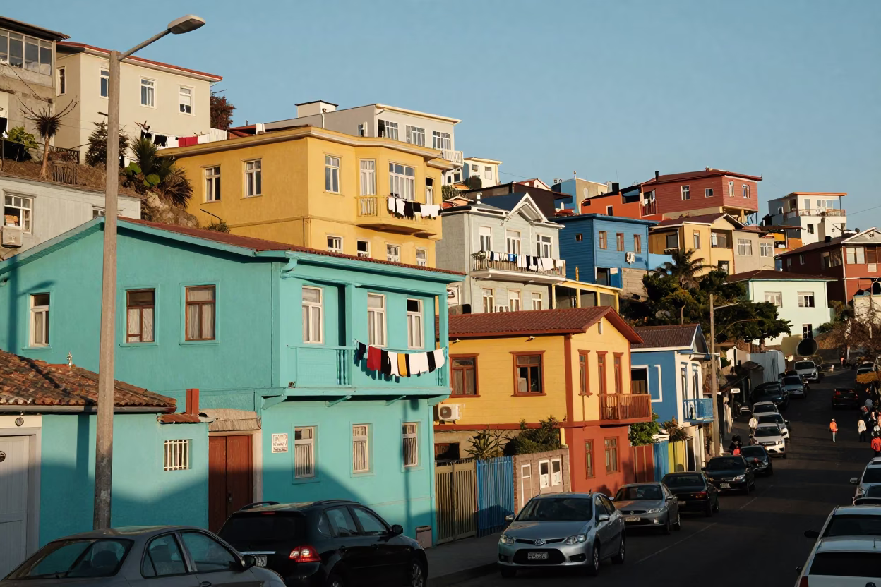 Busy Valparaiso Chile Street Scene Early Afternoon with Colorful Houses and Local Market Activity in in Valparaiso, Chile