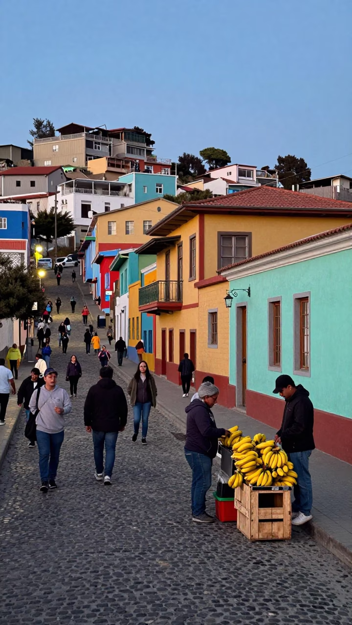 Busy Valparaiso Chile Street Scene Early Evening with Colorful Architecture and Local Life in in Valparaiso, Chile