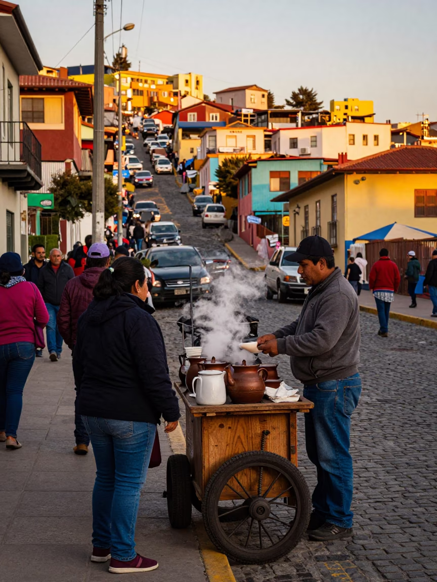 Busy Valparaiso Chile Street Scene Honeyed Evening Light Local Market Activity in in Valparaiso, Chile