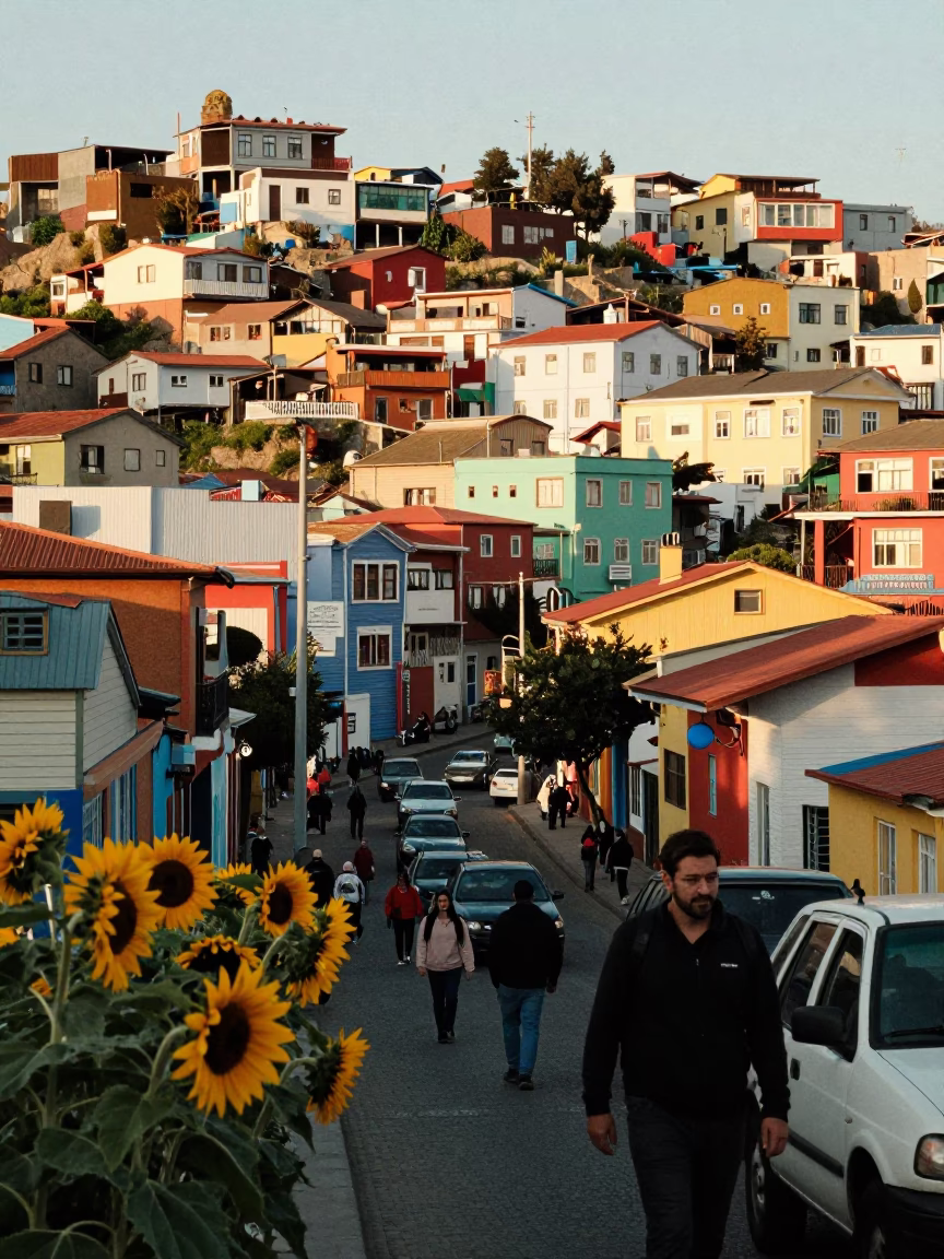 Busy Valparaiso Chile Street Scene Late Afternoon with Sunflowers and Motorcycle in in Valparaiso, Chile