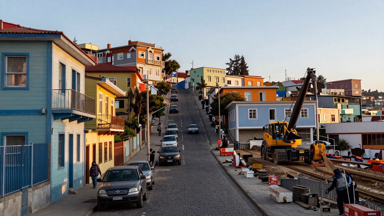 Busy Valparaiso Chile Street Scene Late Morning with Construction and Urban Life in in Valparaiso, Chile