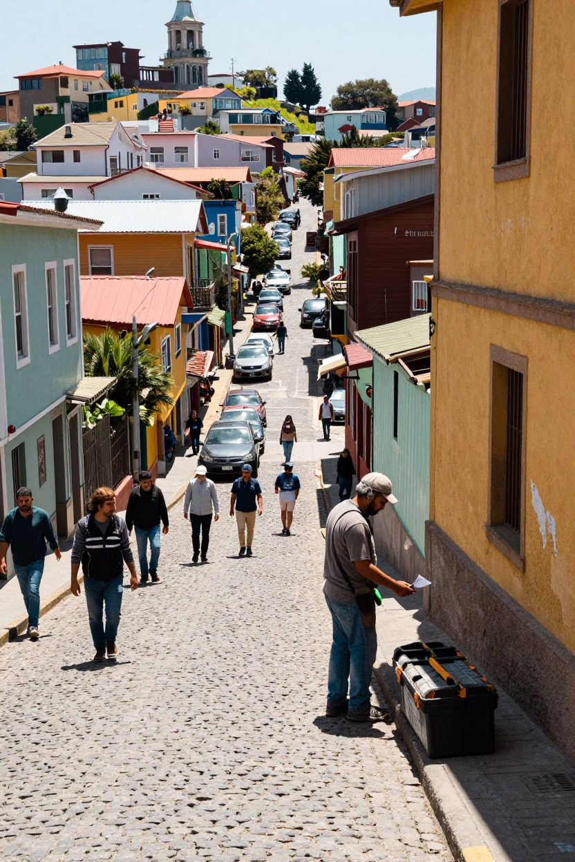 Busy Valparaiso Chile Street Scene Noon Light with Toolbox and Coffee Tin in in Valparaiso, Chile