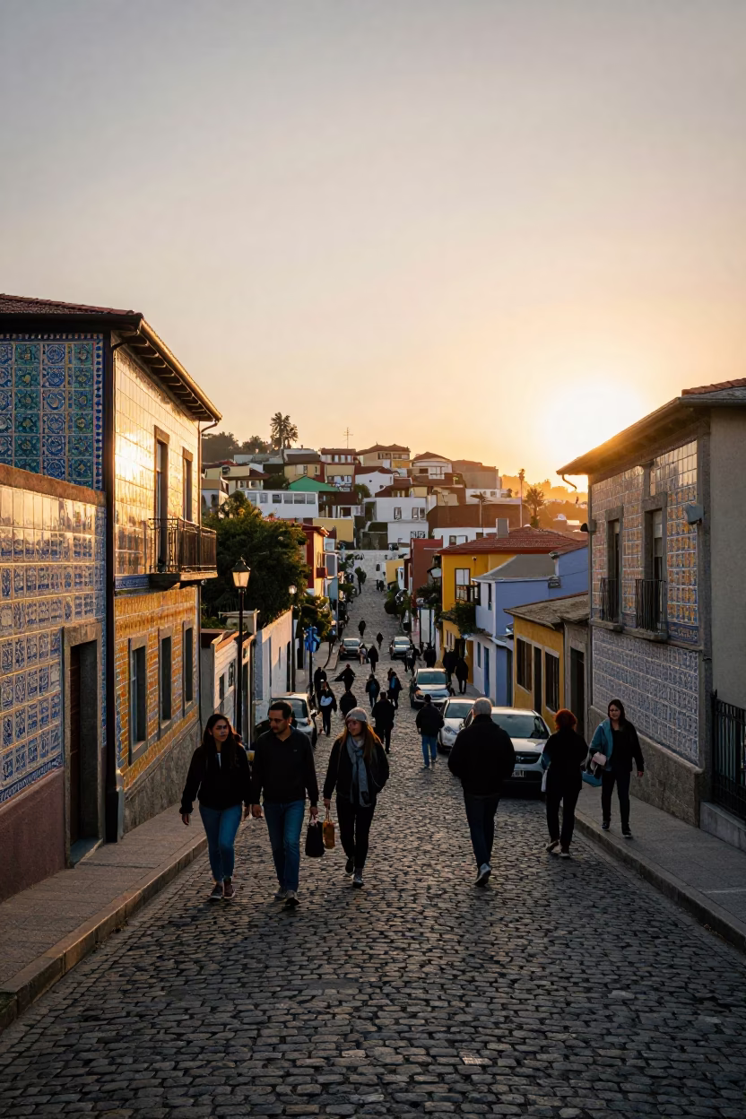 Busy Valparaiso Chile Street Scene with Ceramic Tiles and Golden Hour Sunset Light in in Valparaiso, Chile
