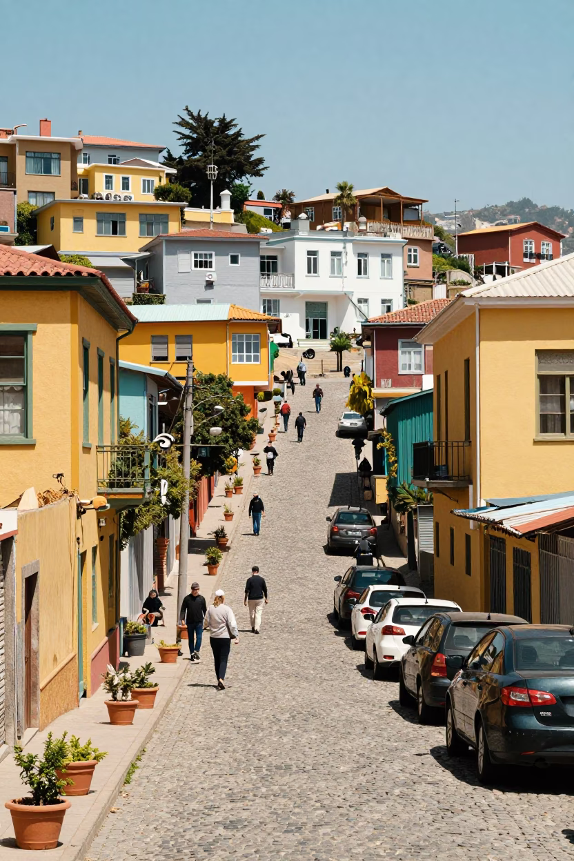 Busy Valparaiso Chile Street Scene with Colorful Facades and Potted Geraniums Under Noon Sun in in Valparaiso, Chile