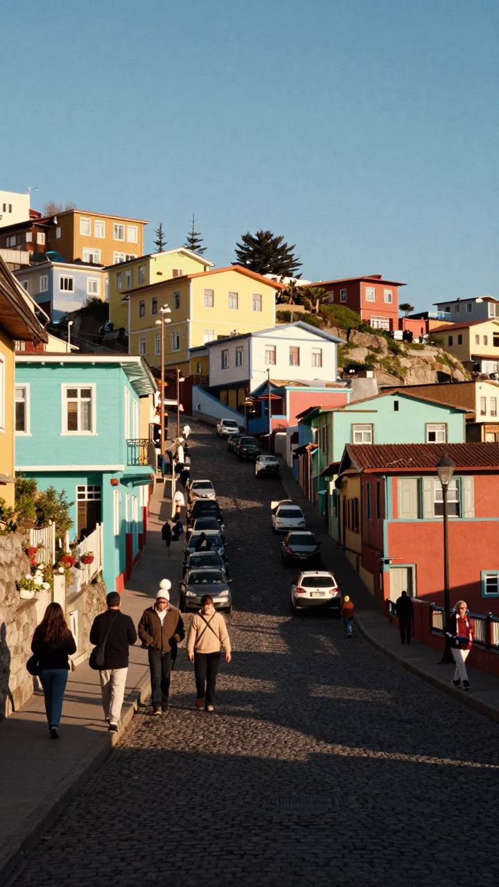 Busy Valparaiso Chile Street Scene with Colorful Houses and Local Life in Late Afternoon in in Valparaiso, Chile