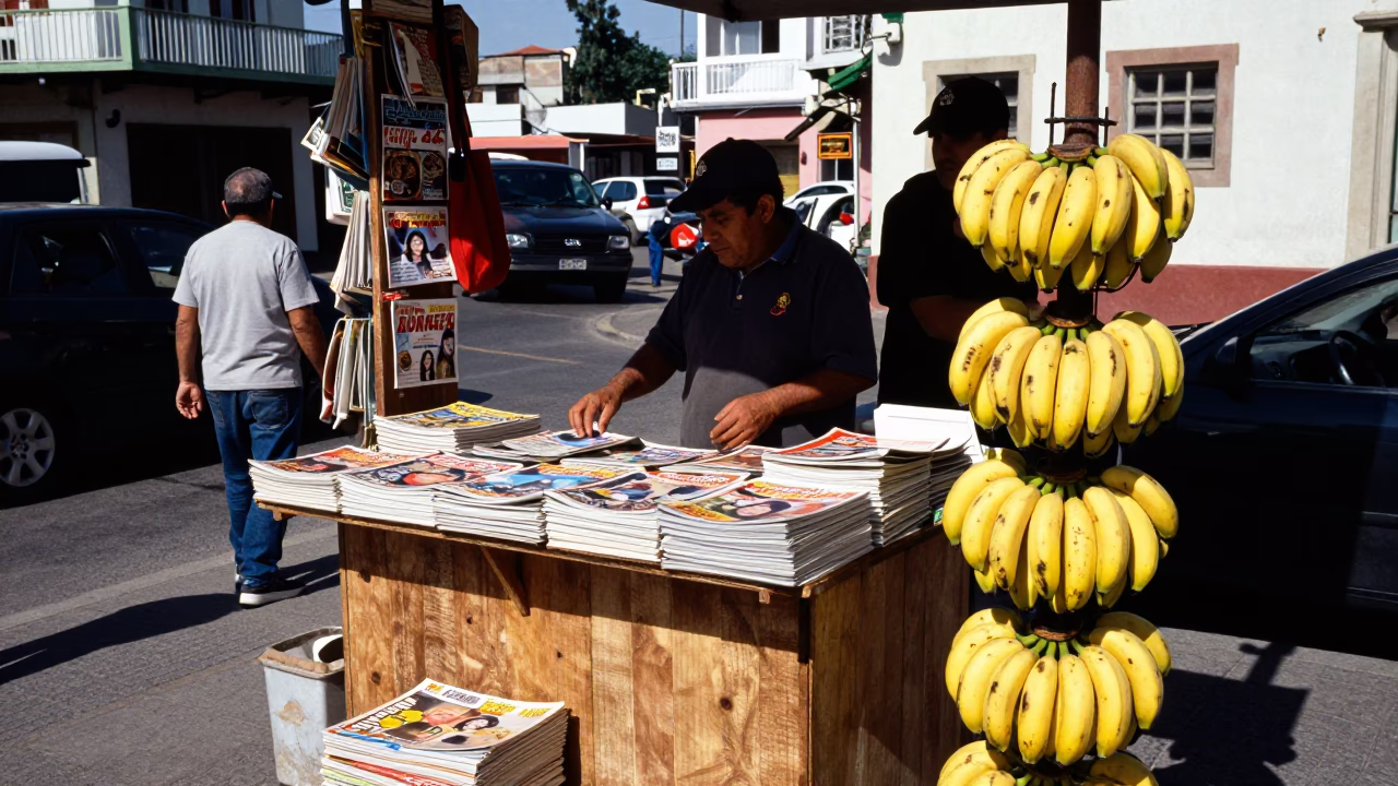 Busy Valparaiso Chile Street Scene with Magazines and Bananas at Midday in in Valparaiso, Chile