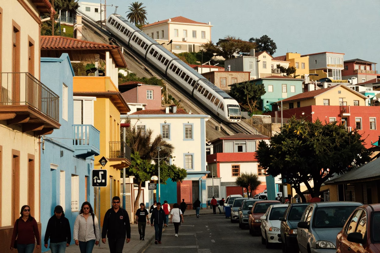 Busy Valparaiso Chile Street Scene with Monorail and Colorful Architecture in in Valparaiso, Chile