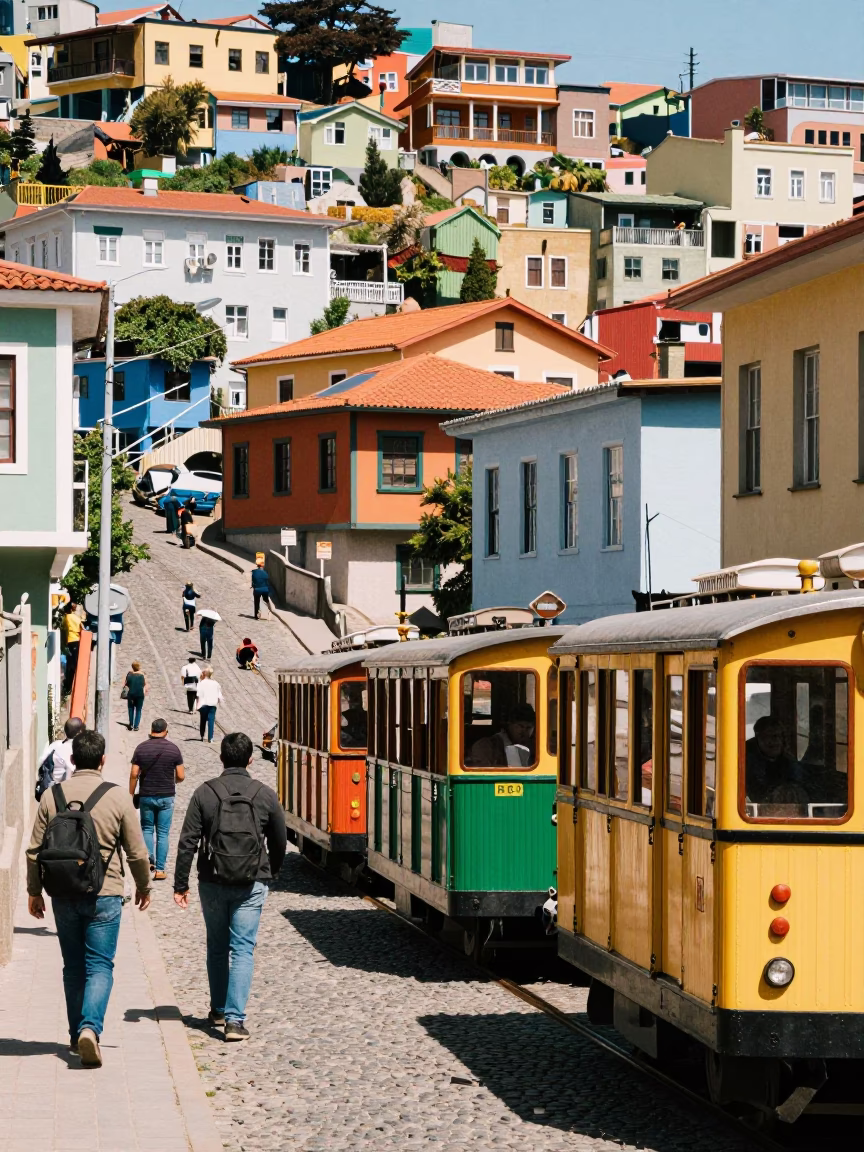 Busy Valparaiso Chile Street Scene with Narrow Gauge Train and Local Life in in Valparaiso, Chile