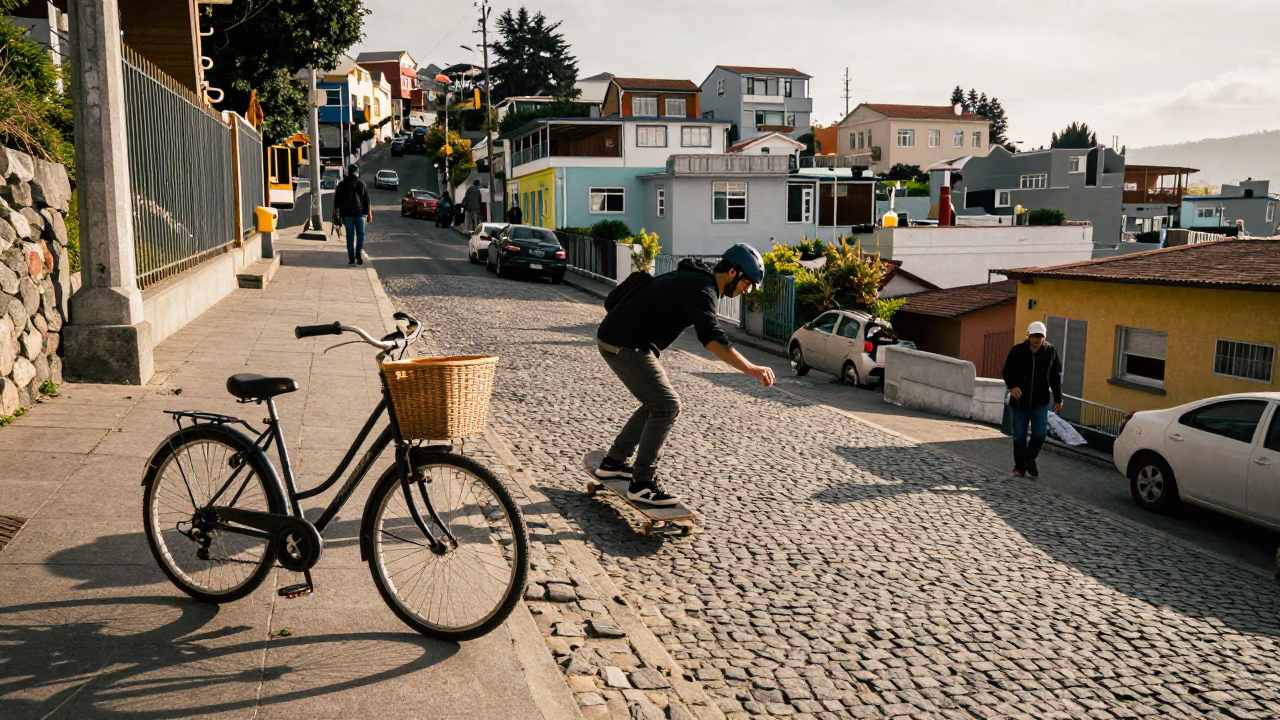 Busy Valparaiso Chile Street Scene with Skateboarder and Bicycle Basket in Early Afternoon Light in in Valparaiso, Chile