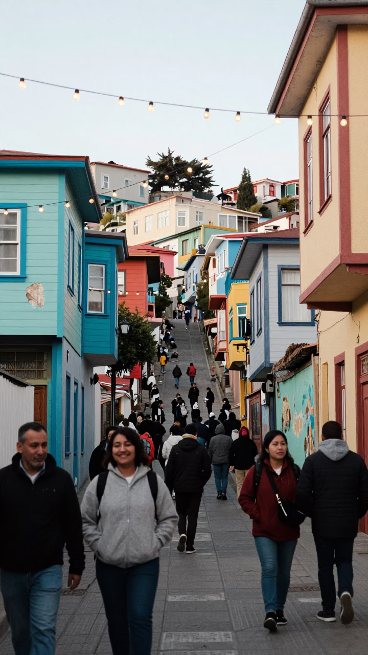 Busy Valparaiso Chile Street Scene with String Lights and Local Life in in Valparaiso, Chile