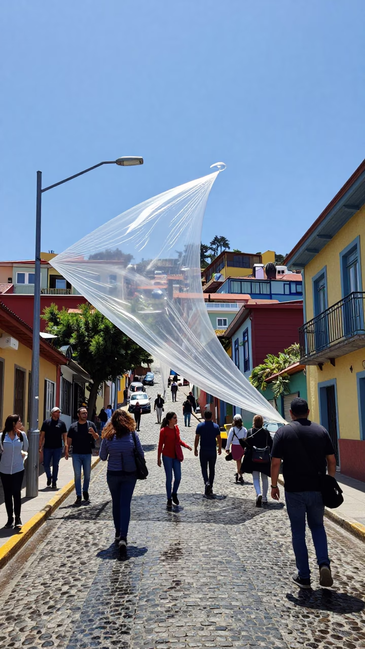 Busy Valparaiso Chile Street Scene with Weather Balloon Tarp and Glazed Ceramic at Midday in in Valparaiso, Chile