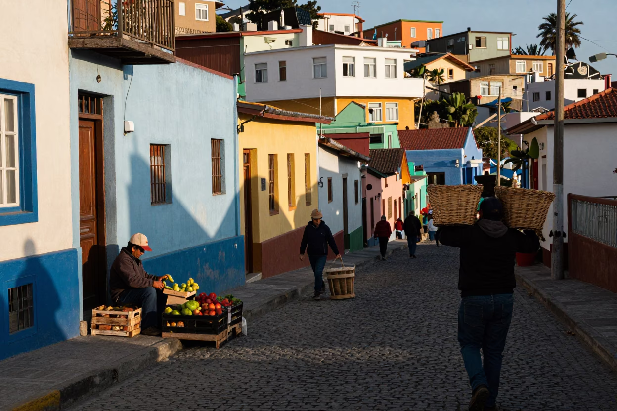 Busy Valparaiso Chile Street Scene with Wicker Basket and Local Market Activity in in Valparaiso, Chile