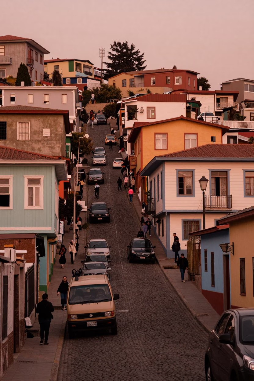 Busy Valparaiso Street Scene in Copper Toned Dusk Light with Local Vendor and Passersby in in Valparaiso, Chile