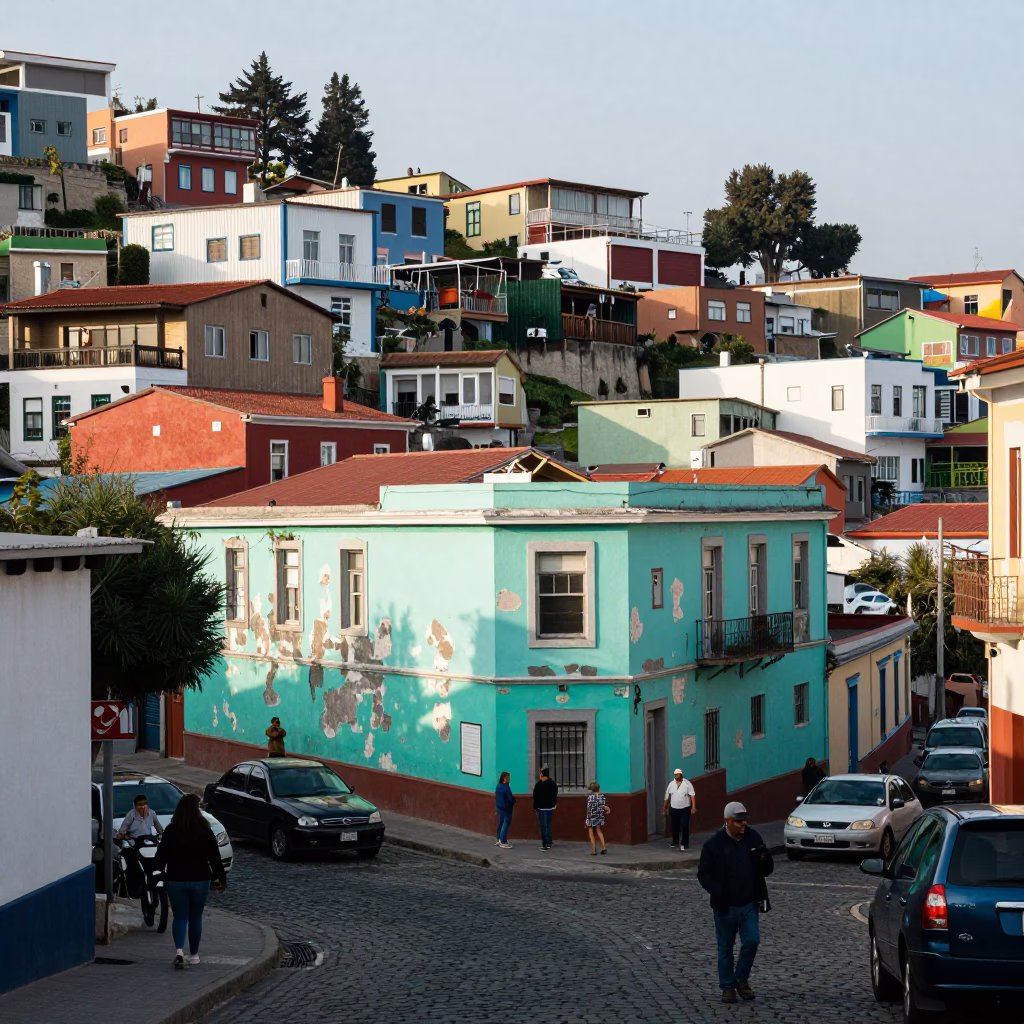 Busy Valparaiso Street Scene with Colorful Architecture and Local Market Activity in in Valparaiso, Chile