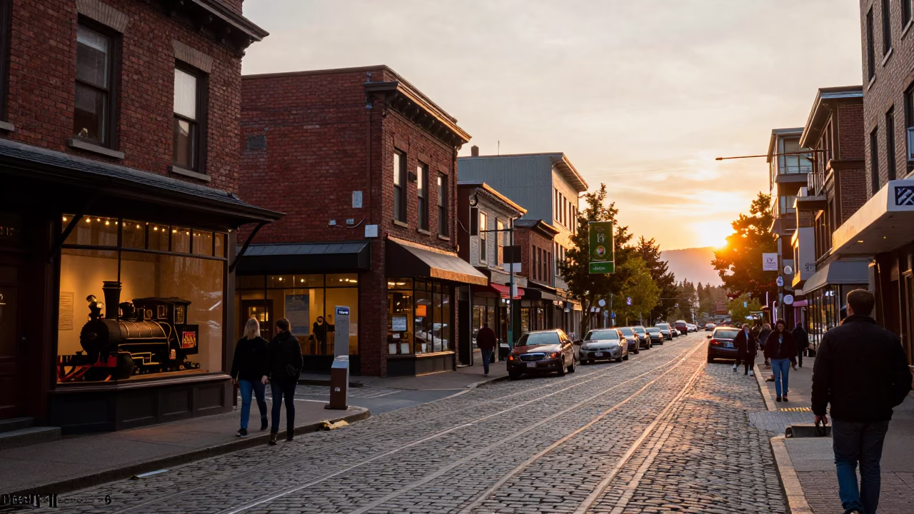 Busy Vancouver British Columbia Street Scene at Sunset with Local Shops and Pedestrians in in Vancouver, British Columbia, Canada