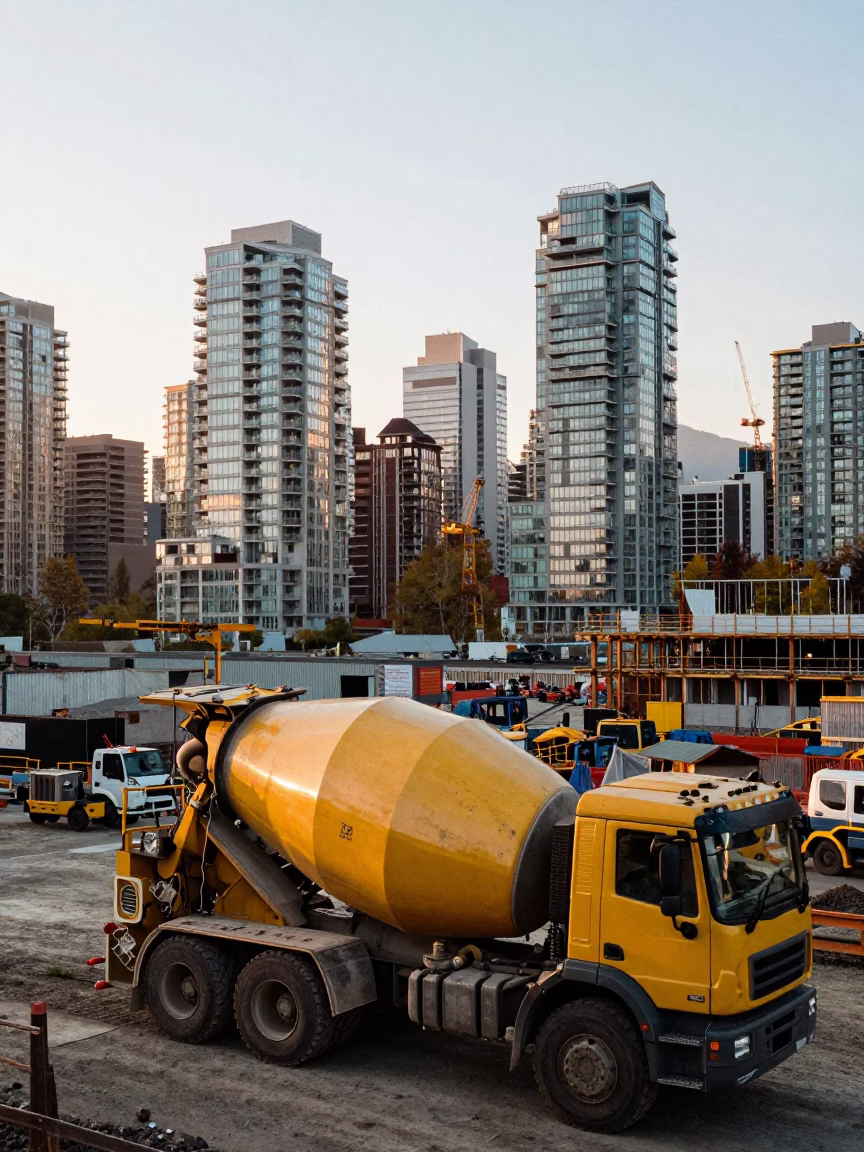 Busy Vancouver Construction Site at Sunrise with Cement Mixer and Street Activity in in Vancouver, British Columbia, Canada