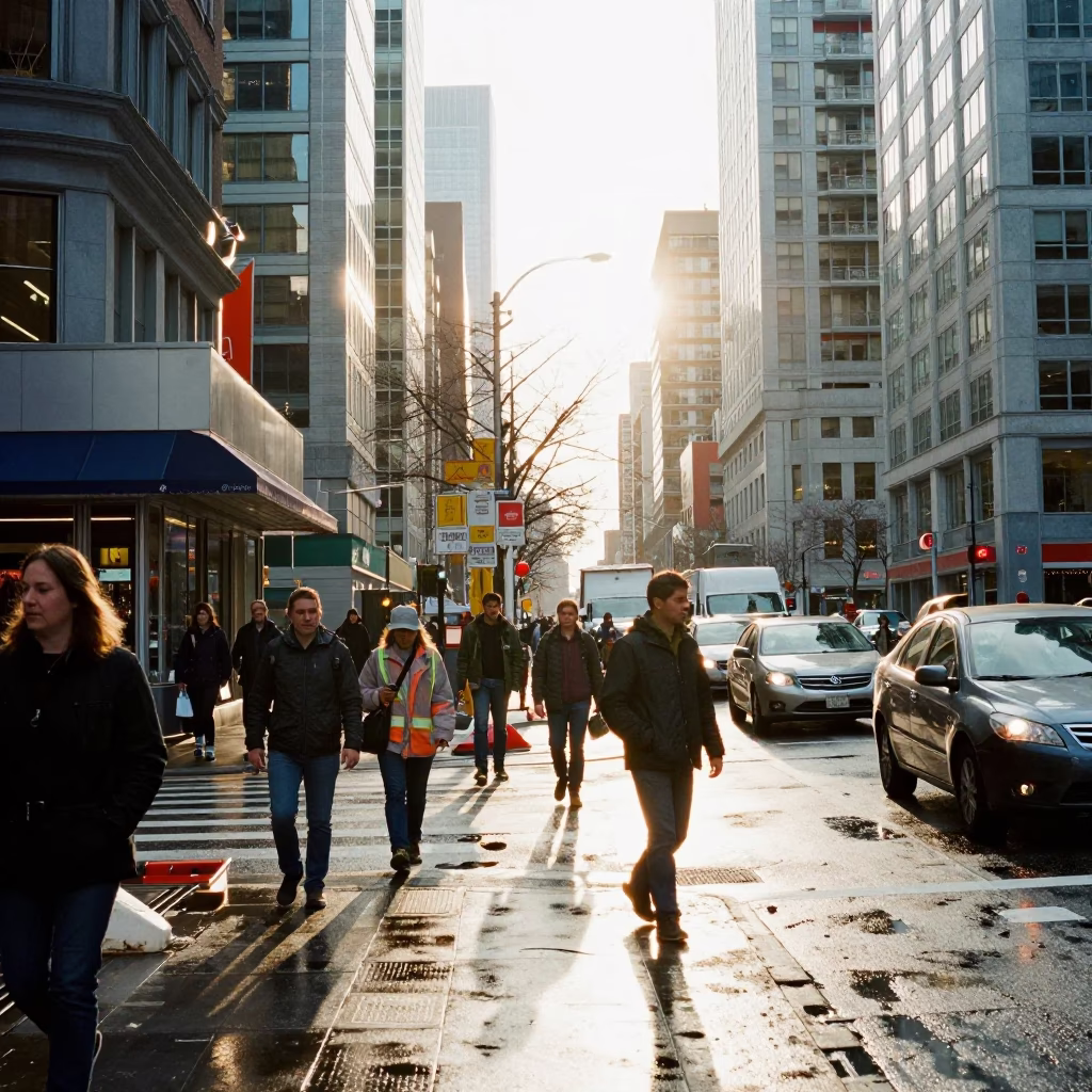 Busy Vancouver Downtown Street Scene Just After Sunrise with Commuters and Urban Details in in Vancouver, British Columbia, Canada