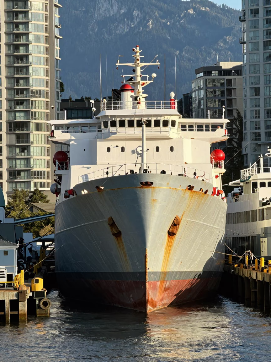 Busy Vancouver Dry Dock Midmorning Ship Hull and Ferry Ramp Piling System in in Vancouver, British Columbia, Canada