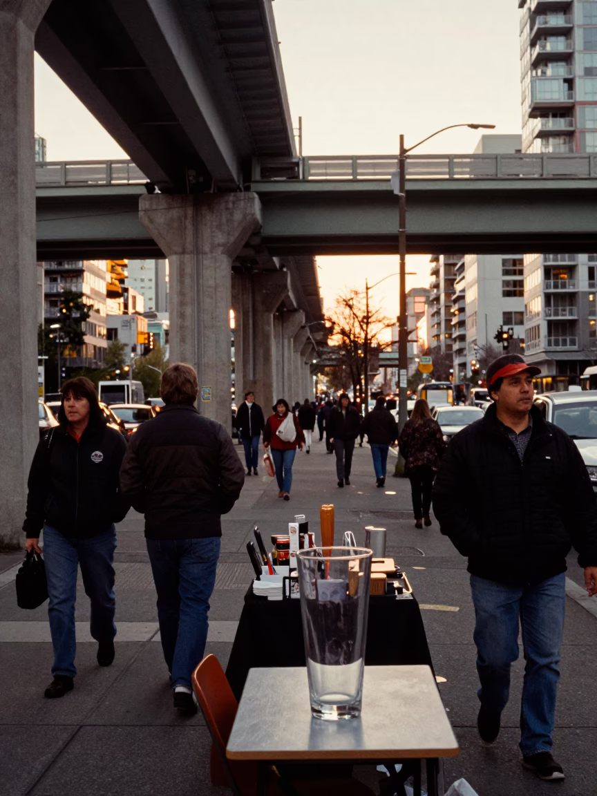 Busy Vancouver Evening Street Scene with Concrete Viaduct and Glass Vase in in Vancouver, British Columbia, Canada