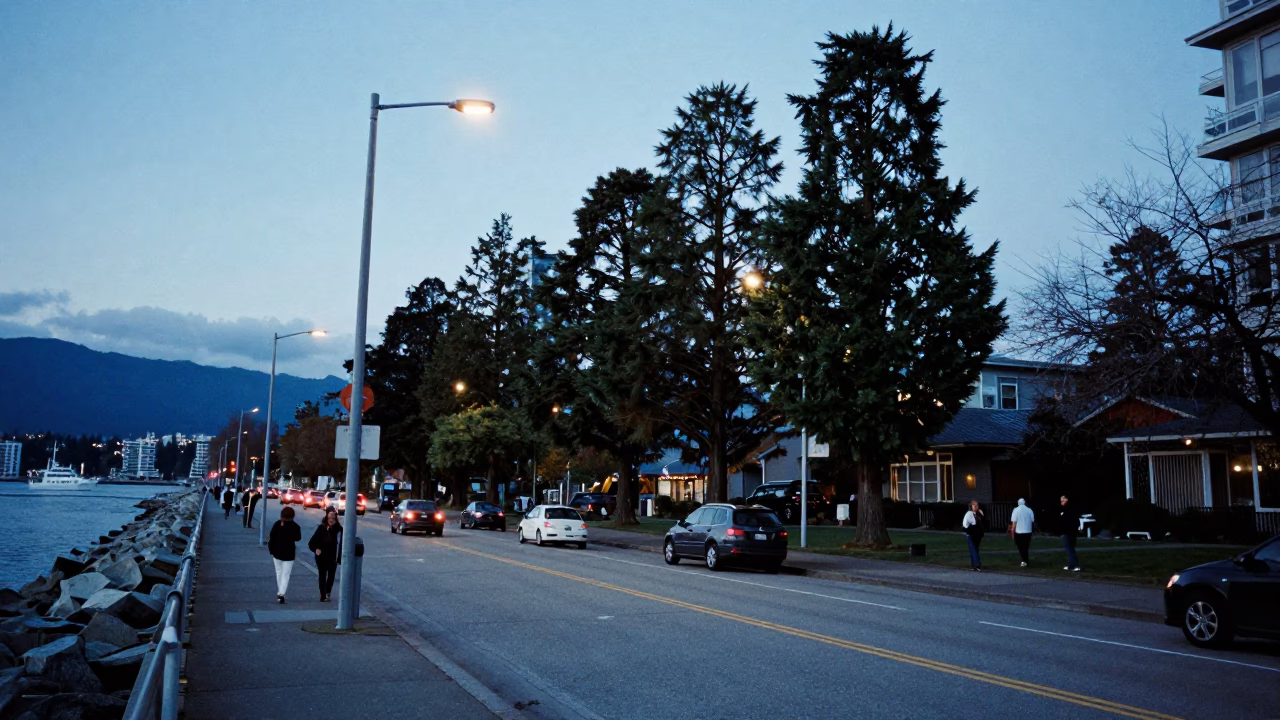 Busy Vancouver Harbor Evening with Cypress Trees and Blue Hour Sky in in Vancouver, British Columbia, Canada