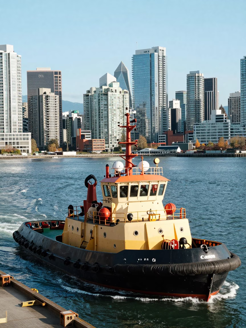 Busy Vancouver Harbor with Tugboat in Bright Midmorning Light in in Vancouver, British Columbia, Canada