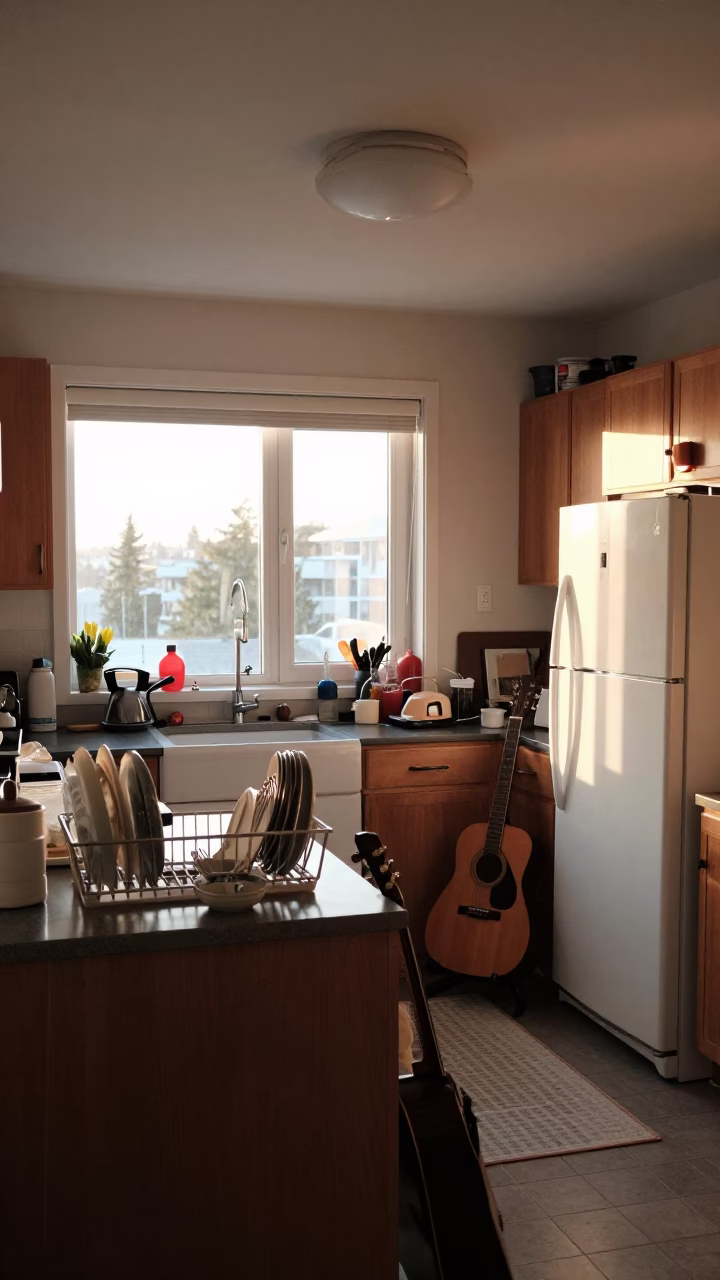 Busy Vancouver Kitchen Interior Just After Sunrise with Domestic Objects in in Vancouver, British Columbia, Canada