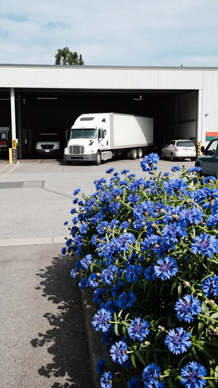 Busy Vancouver Loading Dock with Semi-Trailer and Plumbago Hedge at Midday in in Vancouver, British Columbia, Canada