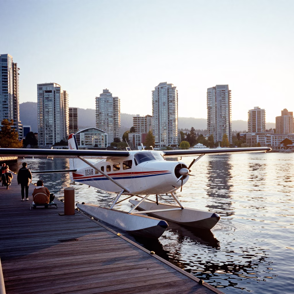 Busy Vancouver Seaplane Dock at Sunrise with Commuter Activity and Urban Skyline Views in in Vancouver, British Columbia, Canada