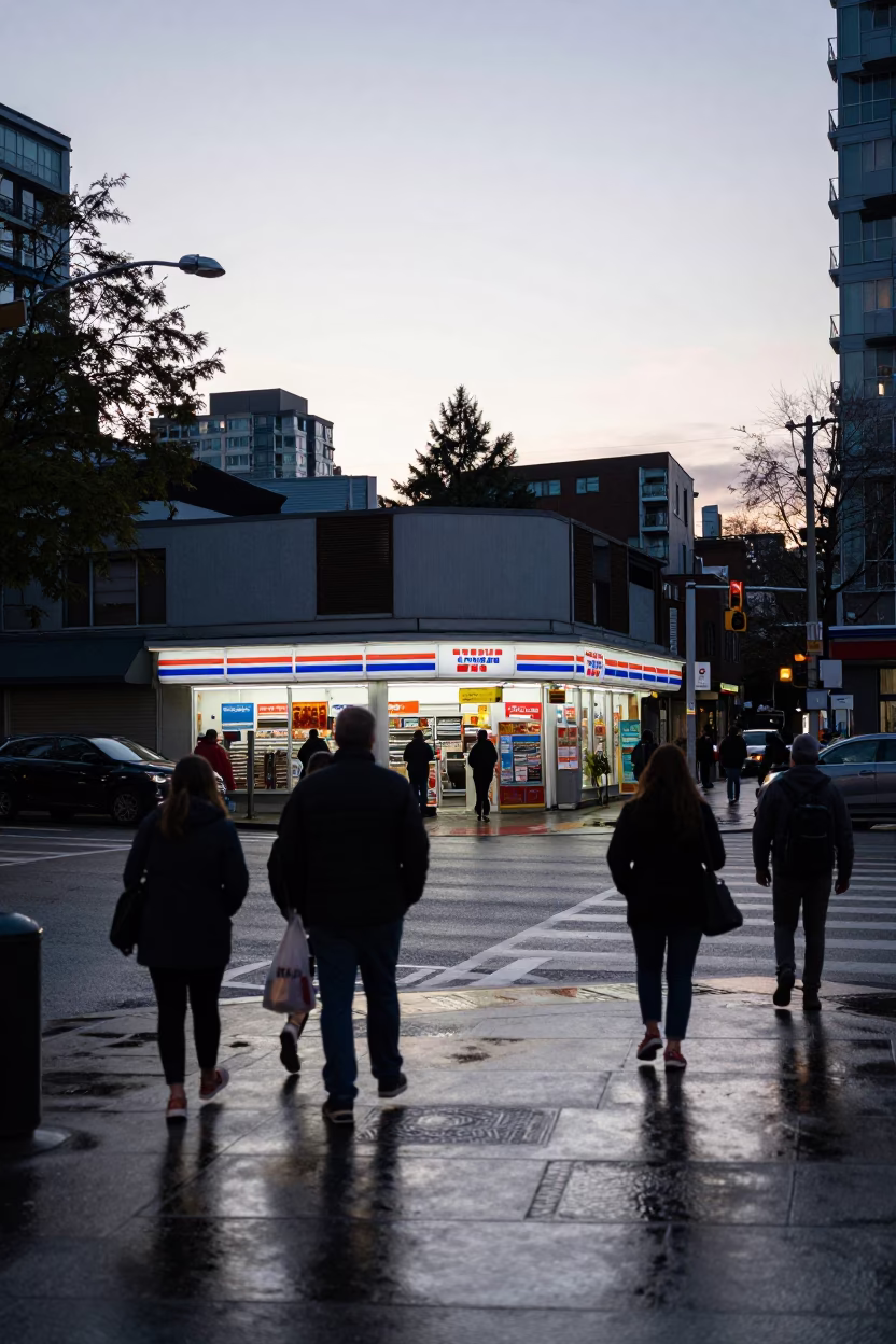 Busy Vancouver street corner at dawn with commuters and wet pavement in in Vancouver, British Columbia, Canada